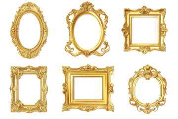 Collection of ornate golden and wooden picture frames on a transparent background showcasing various decorative styles and shapes for artistic display