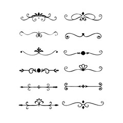 Vector dividers calligraphic line element.Set of Black Hand Drawn Rustic Doodle Design Elements. Decorative Floral Swirls, Scrolls, Text Frames, Dividers. Vintage Vector Illustration. 
