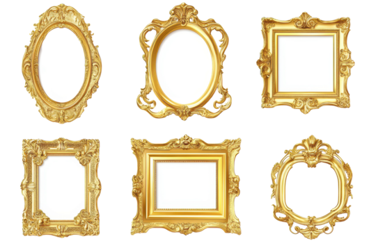 Collection of ornate golden and wooden picture frames on a transparent background showcasing various decorative styles and shapes for artistic display