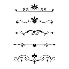 Vector dividers calligraphic line element.Set of Black Hand Drawn Rustic Doodle Design Elements. Decorative Floral Swirls, Scrolls, Text Frames, Dividers. Vintage Vector Illustration. 
