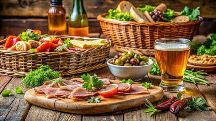 Fototapeta premium A Rustic Tabletop Presentation Featuring Sliced Delicatessen Meat, Fresh Herbs, Assorted Breads, Olives, and a Refreshing Glass of Beer