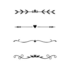 Vector dividers calligraphic line element.Set of Black Hand Drawn Rustic Doodle Design Elements. Decorative Floral Swirls, Scrolls, Text Frames, Dividers. Vintage Vector Illustration. 
