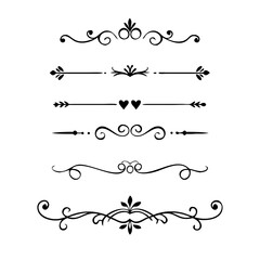 Vector dividers calligraphic line element.Set of Black Hand Drawn Rustic Doodle Design Elements. Decorative Floral Swirls, Scrolls, Text Frames, Dividers. Vintage Vector Illustration. 
