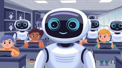 A futuristic classroom where a robot teacher leads a lesson for a diverse group of human children and humanoid students using technology - Powered by Adobe