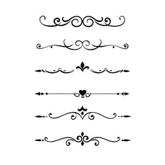 Obraz premium Text dividers doodle set. Wedding decorative elements. Divider ornament, borders, vintage line separators. Hand drawn vector illustration isolated on white background 