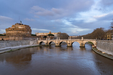 Rome, Italy: The famous Castel Sant'Angelo fortress that dates back to the 2nd century along the...