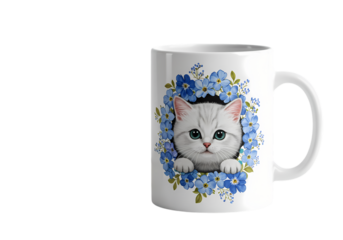 White Kitten Mug Design Blue Flowers and Kitty isolated on transparent background
