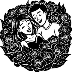 Lovers Lying in Rose Bed – Romantic Scene with Smiling Couple

