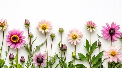 Fototapeta premium Pink and Purple Dahlias Floral Border White Background