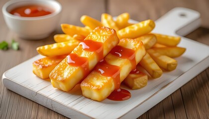 Crispy Halloumi cheese sticks Fries with sweet hot sauce on white wooden board