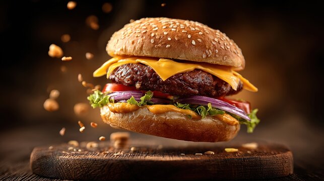 Floating hamburger with layered ingredients in mid-air against dark brown wooden texture