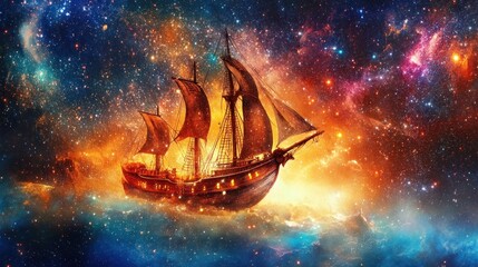 Wooden ship sailing through vibrant cosmic nebula