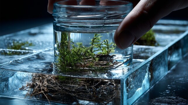 Fresh herbs in glass water cube with hand touching plant for organic skincare natural product photography botanical concept scene