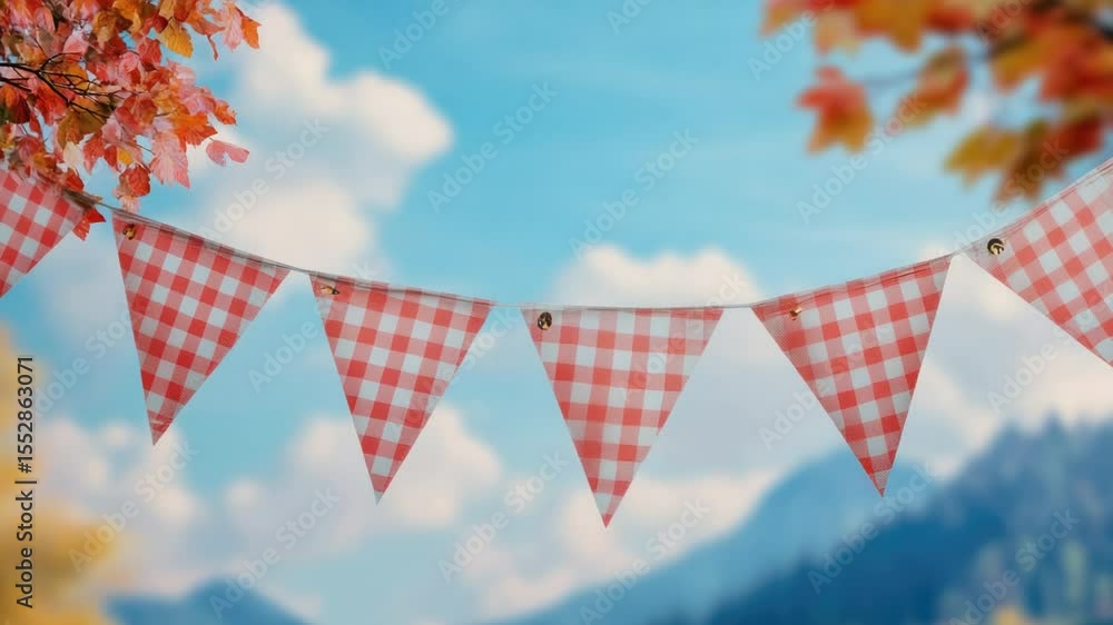 Poster a colorful bunting hangs from a tree branch, adding a pop of color to the natural surroundings