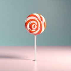 A single colorful lollipop standing upright on a pastel surface, captured in dramatic close-up with shallow depth of field, soft backlighting, and a clean minimal background, ultra-detailed