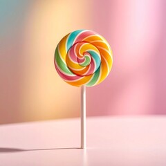 A single colorful lollipop standing upright on a pastel surface, captured in dramatic close-up with shallow depth of field, soft backlighting, and a clean minimal background, ultra-detailed