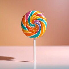 A single colorful lollipop standing upright on a pastel surface, captured in dramatic close-up with shallow depth of field, soft backlighting, and a clean minimal background, ultra-detailed