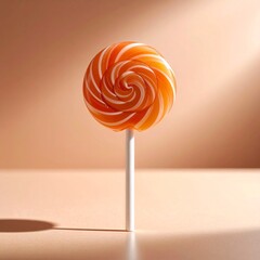 A single colorful lollipop standing upright on a pastel surface, captured in dramatic close-up with shallow depth of field, soft backlighting, and a clean minimal background, ultra-detailed