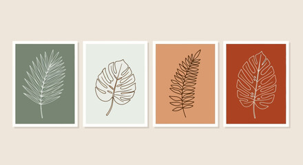 Set of Four Minimalist Botanical Line Art Prints Palm, Monstera, Fern Leaf Illustrations