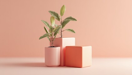 Two potted plants with pale green leaves sit on blush-pink and coral cubes against a pale peach background.  Minimalist, clean aesthetic