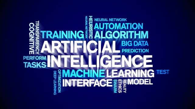 Artificial intelligence animated word cloud;text design animation tag kinetic typography seamless loop.