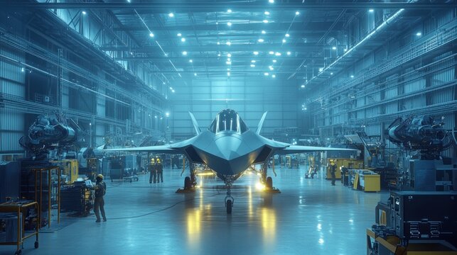 A futuristic jet fighter, centrally positioned within a vast, modern aircraft hangar, surrounded by maintenance personnel and robotic arms