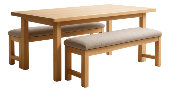 A communal dining table with bench seating, designed for a shared living space in a co-living community.