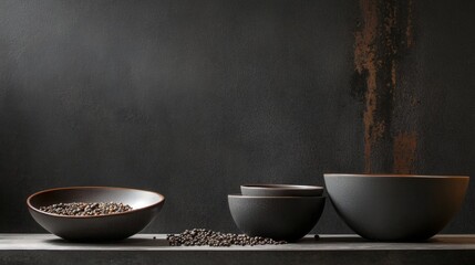 Minimalist ceramic bowls and black cup on textured dark wall background for tableware product photography concept clean scene