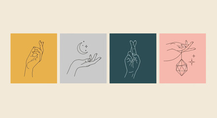 Mystical Hands Line Art Illustrations of Celestial and Spiritual Symbols