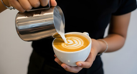 Barista Pouring Latte Art in Coffee Cup