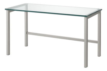 A glass-topped writing desk with metal legs, adding a modern touch to a living room office nook.