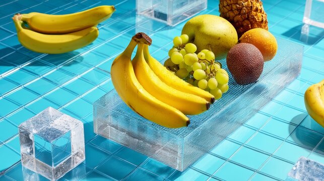 Creative fruit arrangement floating on glass cubes over blue background for healthy nutrition summer concept composition
