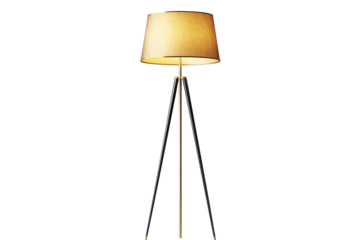 Modern brass floor lamp with a sleek design features a fabric shade and tall, slender tripod legs creating an elegant ambiance for any contemporary interior space