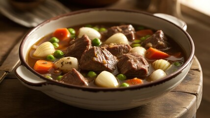 Hearty beef stew with carrots, peas, and onions in a rustic bowl