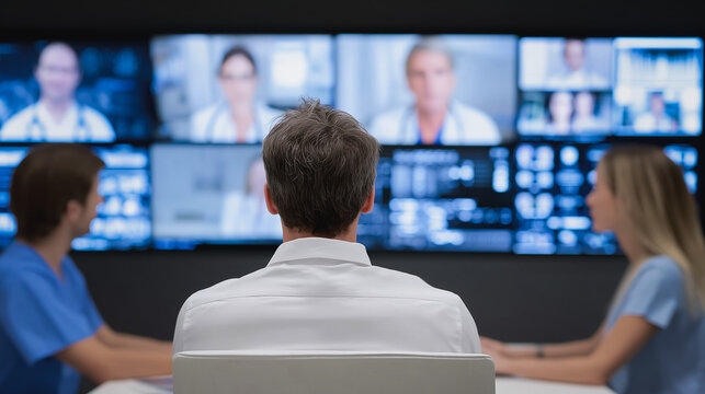 Remote Healthcare Consult: A focused group of medical professionals conducts a remote healthcare consultation, displayed on a large, dynamic video wall.