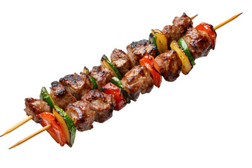Grilled meat kebab with colorful vegetables on a wooden stick, perfect for outdoor barbecues and summer gatherings with friends and family