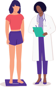 Young Woman Having Weight Measurement With Her Doctor In A Medical Check-Up.