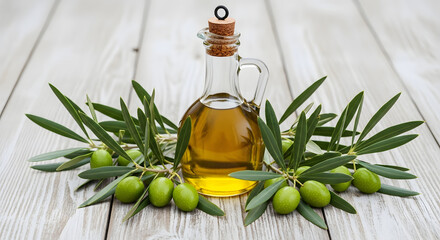 Olive Oil Bottle with Fresh Olives and Leaves