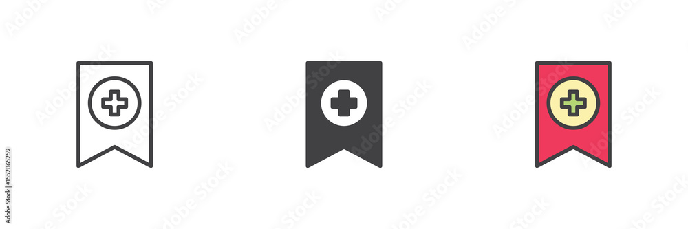 Poster bookmark plus icon set in line, solid and filled outline style