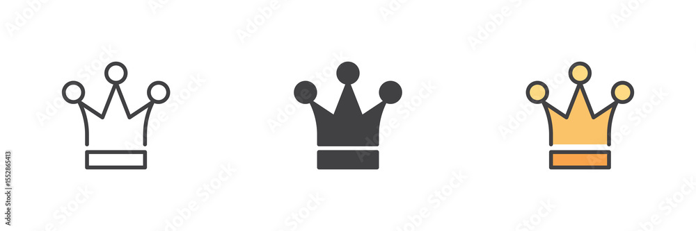 Poster crown icon set in line, solid and filled outline style