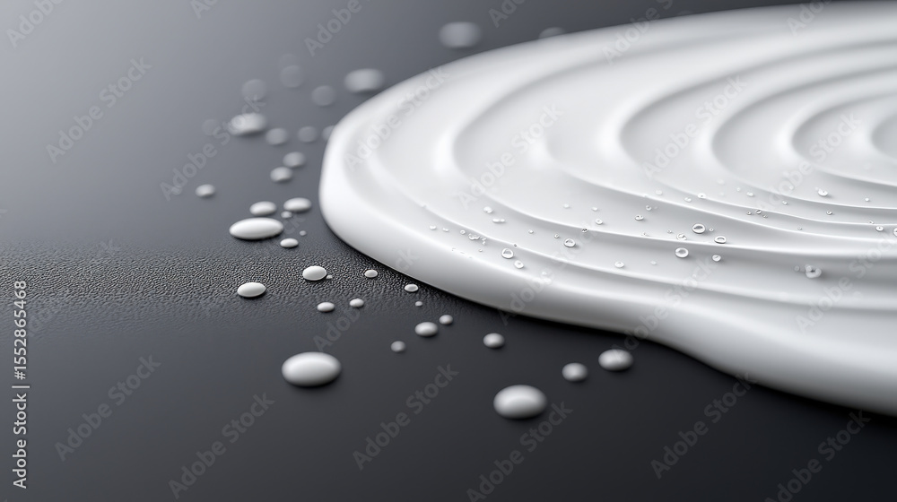Aufkleber Close up of smooth, white liquid spread on dark surface, with droplets scattered around, creating serene and artistic pattern. texture and contrast are visually striking