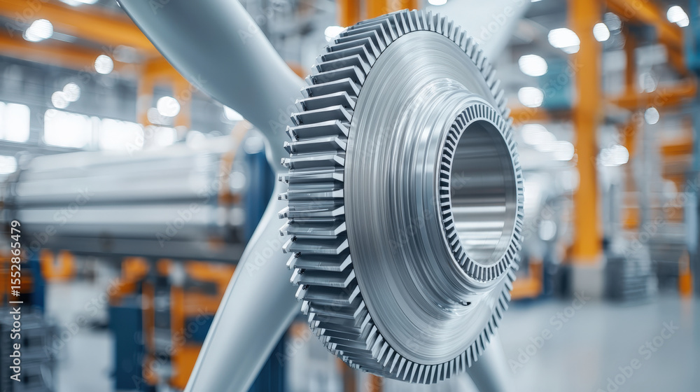 Poster close up of metallic gear mechanism in modern industrial setting, showcasing intricate details and p