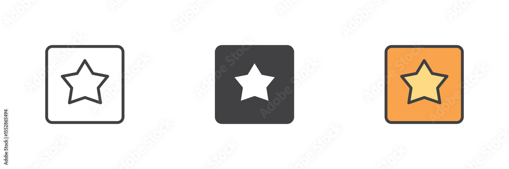 Poster Star in square icon set in line, solid and filled outline style
