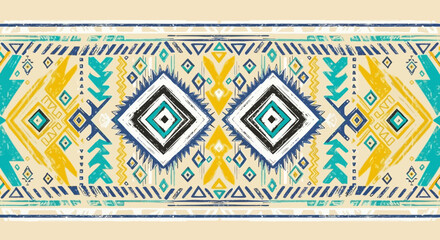Geometric Tribal Pattern  Hand-Drawn Ethnic Design, Teal and Gold