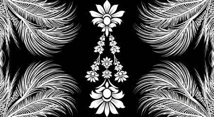 Elegant Black and White Feather and Floral Design, Symmetrical Pattern,  Vector Illustration