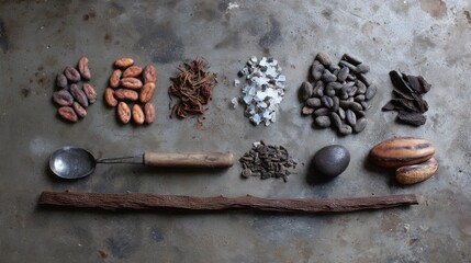 Top view of coffee ingredients and beans on concrete background with rustic tools for drink photography styling