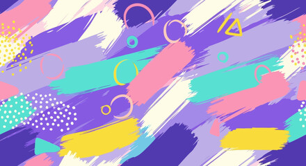 Abstract Seamless Pattern with Pastel Brush Strokes and Geometric Shapes