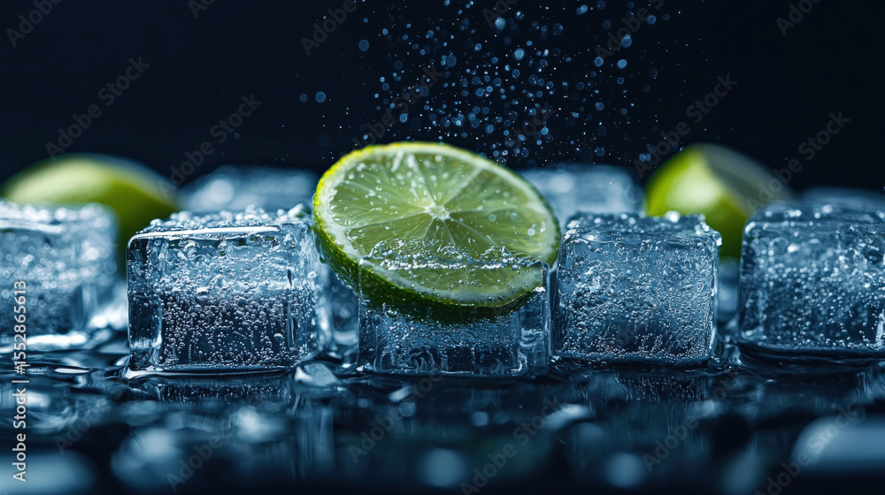 Poster Refreshing close up of ice cubes with slice of lime, capturing droplets in motion against dark background. scene evokes sense of coolness and freshness