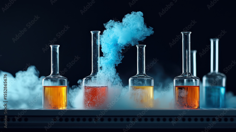 Poster series of glass flasks containing colorful liquids and emitting smoke are arranged on laboratory tab