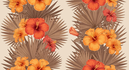 Orange Hibiscus and Palm Leaf Tropical Seamless Pattern